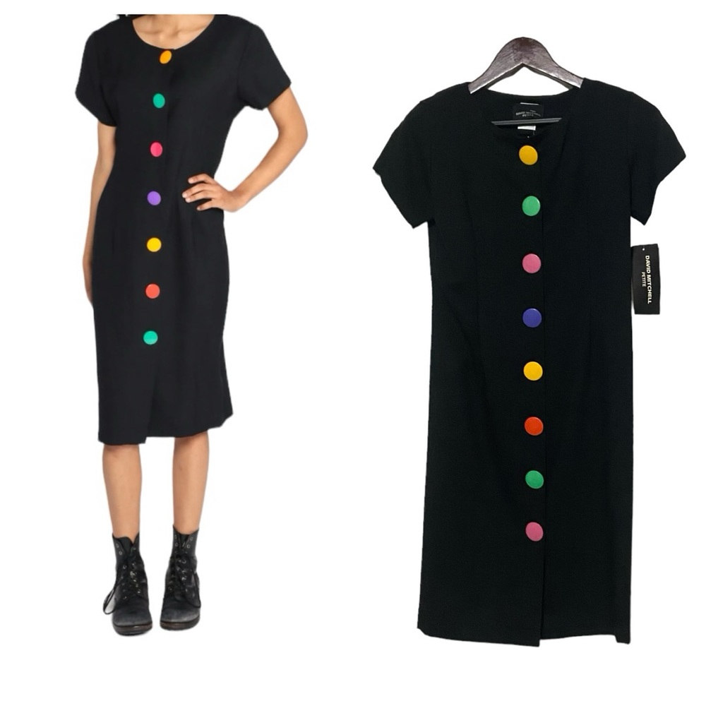 Vintage Rainbow Button Front Fitted David Mitchell Petite 80’s Dress Black - Picture 14 of 14